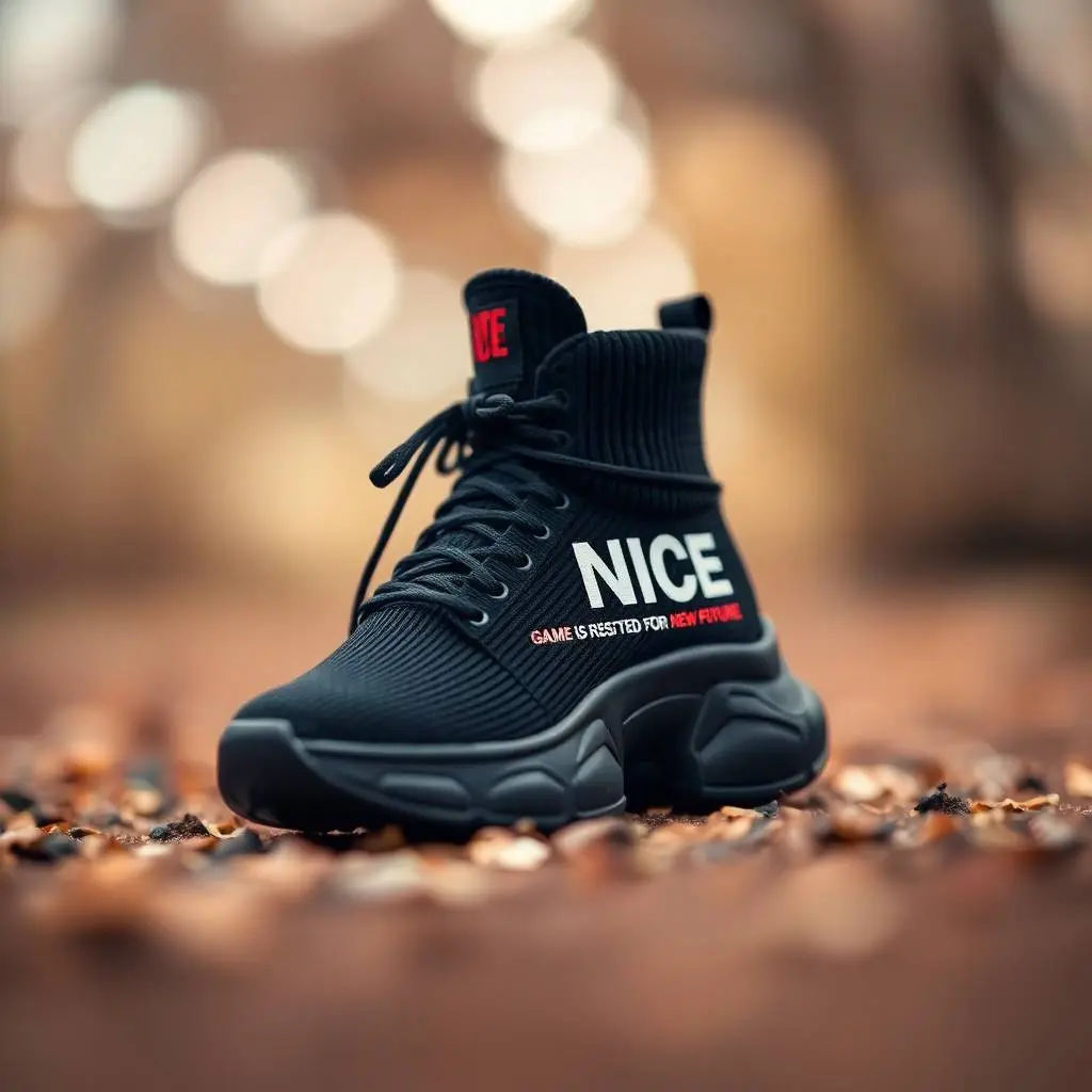 Blurred bokeh effect image in natural earth tones. Focus on a futuristic black high-top sneaker with ribbed knit texture, thick rubber sole, and bold white and red 'JUST BE NICE – GAME IS RESETTED FOR NEW FUTURE – .webp