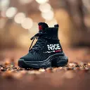 Blurred bokeh effect image in natural earth tones. Focus on a futuristic black high-top sneaker with ribbed knit texture, thick rubber sole, and bold white and red 'JUST BE NICE – GAME IS RESETTED FOR NEW FUTURE – .webp