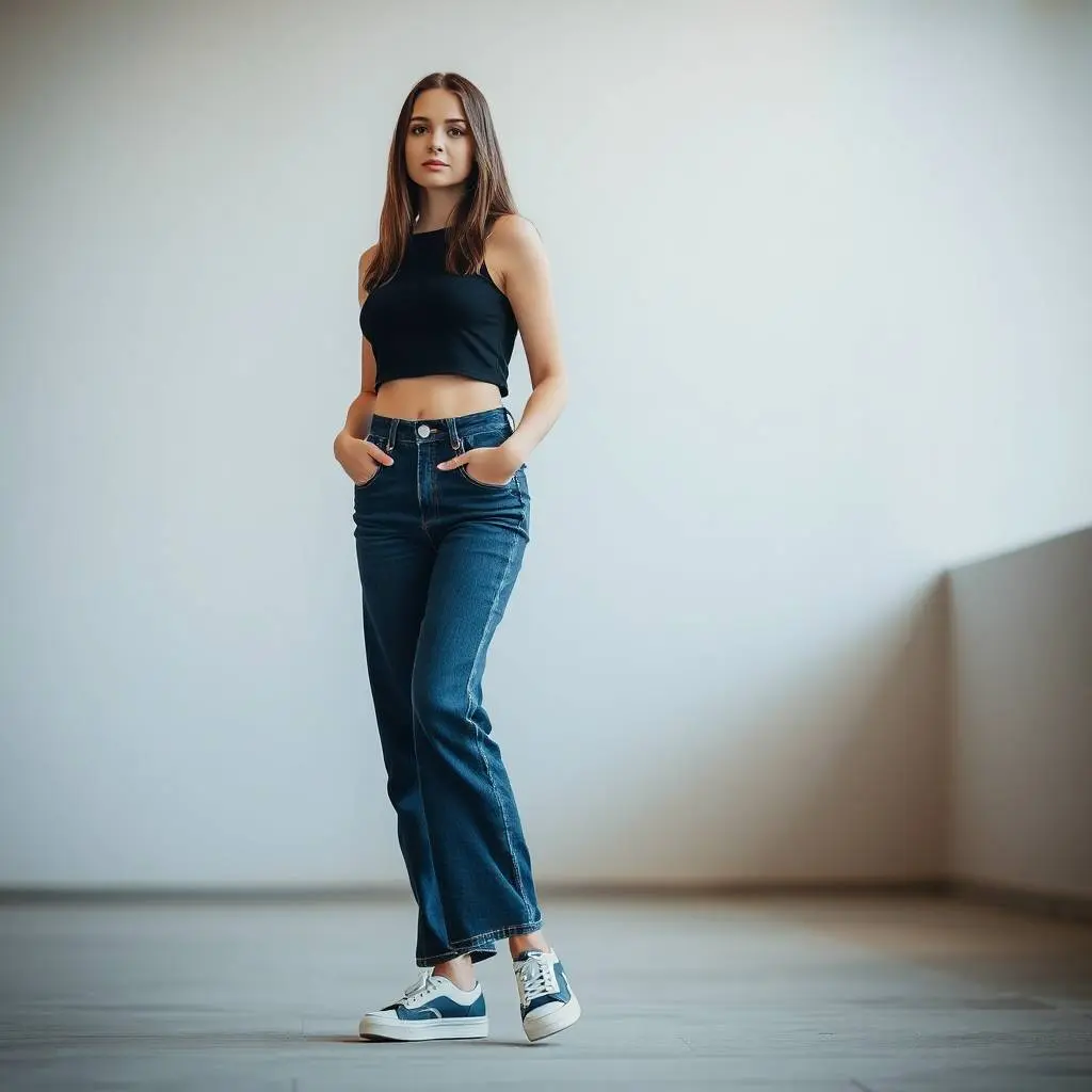 A modern streetwear fashion photo a woman wearing high-waisted Y2K wide-leg dark wash denim jeans, a black crop top, and sneakers. Blurred bokeh effect, gentle soft light, diffused shadows, subtle illumination, sha.webp
