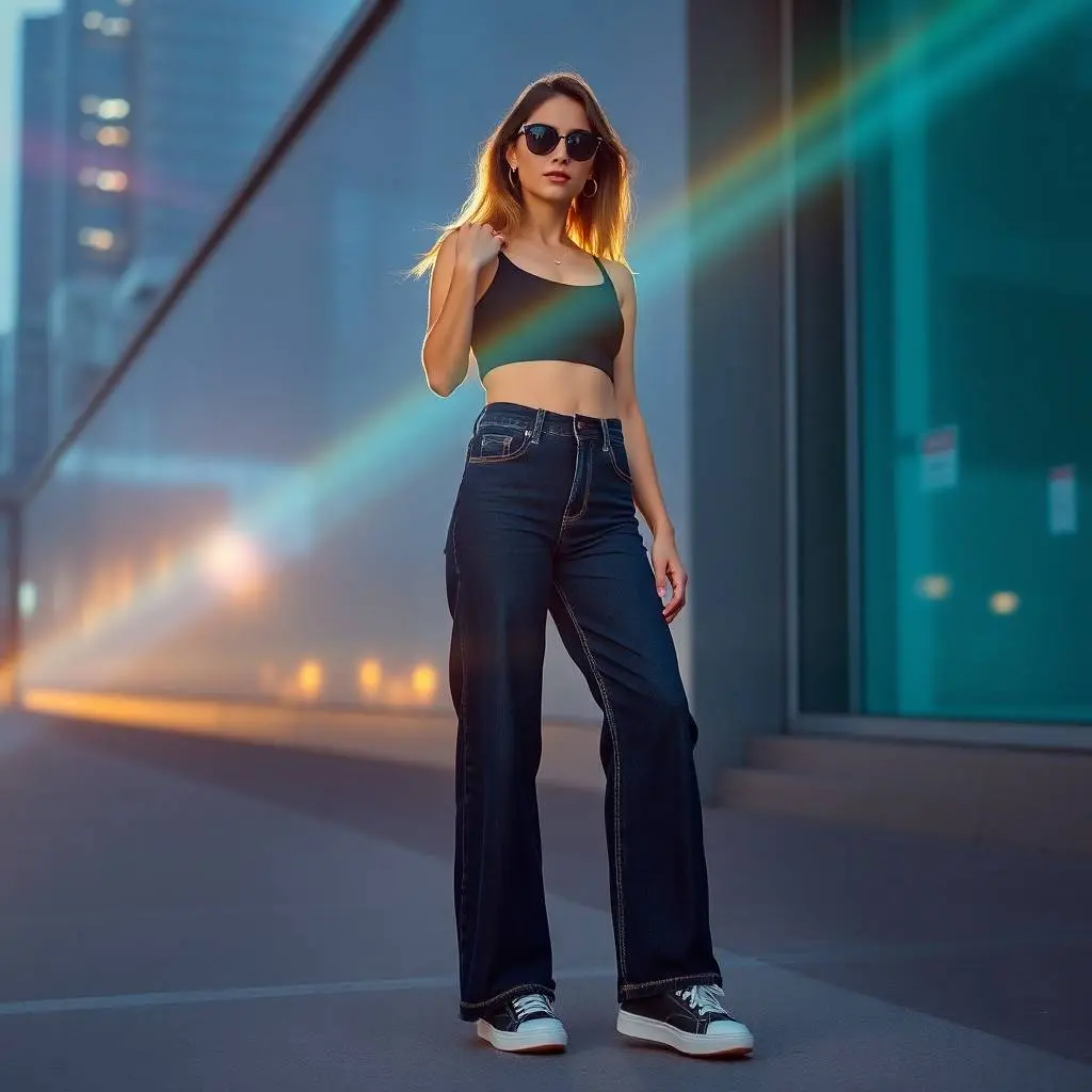 A modern streetwear fashion photo a woman wearing high-waisted Y2K wide-leg dark wash denim jeans, a black crop top, and sneakers. Bright lens flare, rich deep teal tones, luxurious and vibrant colors, light streak.webp