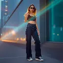 A modern streetwear fashion photo a woman wearing high-waisted Y2K wide-leg dark wash denim jeans, a black crop top, and sneakers. Bright lens flare, rich deep teal tones, luxurious and vibrant colors, light streak.webp