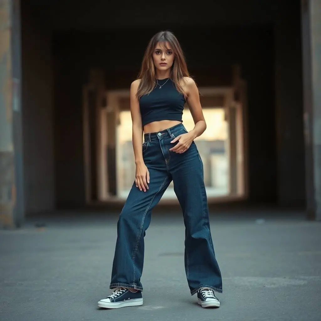 A modern streetwear fashion photo a woman in high-waisted Y2K wide-leg dark wash denim jeans, a black crop top, and sneakers. Eerie, creepy atmosphere, warm and slightly dark tones, soft contrast, soft saturation, .webp