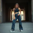 A modern streetwear fashion photo a woman in high-waisted Y2K wide-leg dark wash denim jeans, a black crop top, and sneakers. Eerie, creepy atmosphere, warm and slightly dark tones, soft contrast, soft saturation, .webp