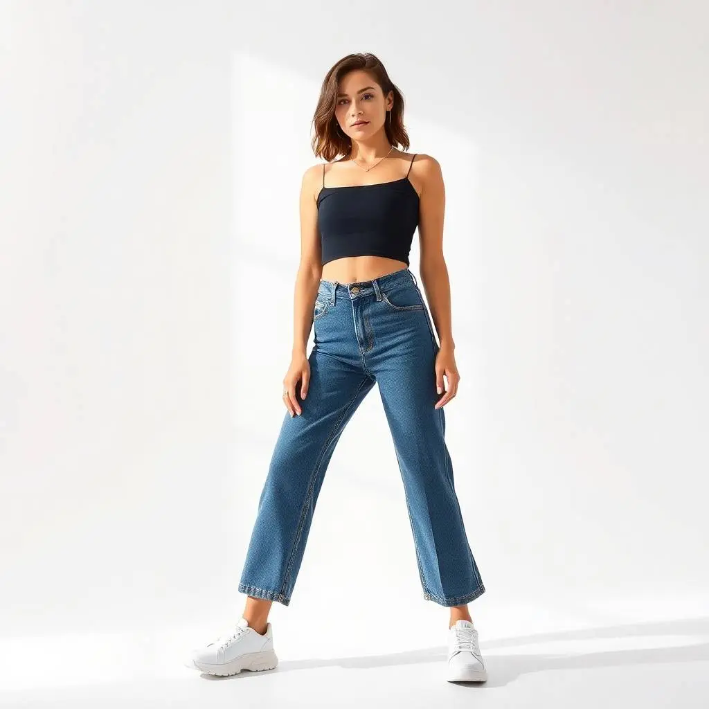 A modern streetwear fashion photo an adorable woman with soft features wearing high-waisted Y2K wide-leg dark wash denim jeans, a black crop top, and sneakers. Gentle soft light, vibrant complimentary colors, diffu.webp