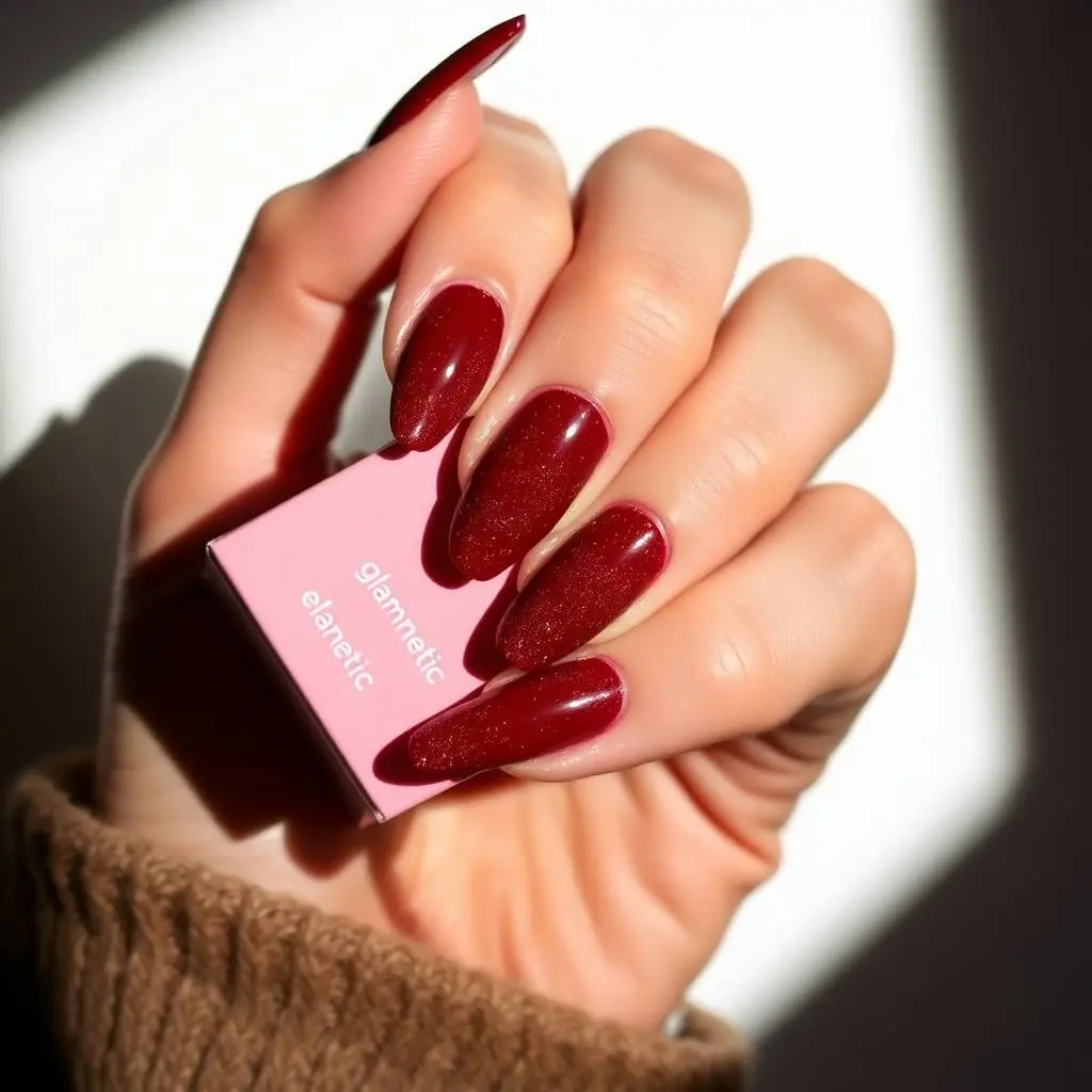 High contrast, low-key lighting, natural earth tones. Close-up of a hand with short almond-shaped nails, deep ruby red with sparkles and velvet finish, holding a pink Glamnetic nail box. White or blush pink backgro.webp