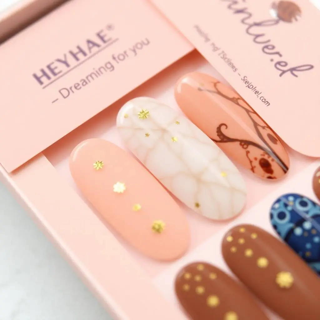 Extreme macro close-up. Flat lay of semi-cured gel nail strips in a beige and peach 'Heyhae – Dreaming of You' box. Celestial designs in gold, deep blue, marble white, and brown. Focus on small subject details.webp