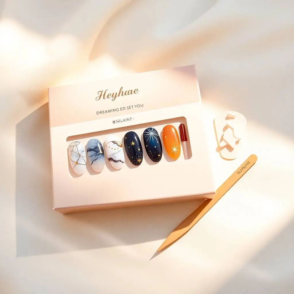 A flat-lay photo of a dreamy semi-cured gel nail strip set in a soft beige and peach box labeled 'Heyhae – Dreaming of You', featuring celestial-inspired designs with golden stars, deep blue, marble white, and warm.webp