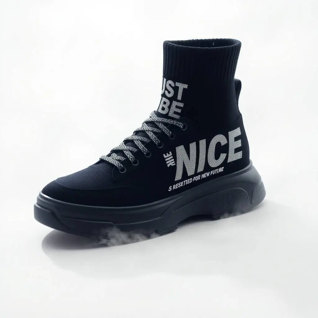 Dreamlike surreal image of a futuristic black high-top sneaker with ribbed knit, thick sole, and bold white and red 'JUST BE NICE – GAME IS RESETTED FOR NEW FUTURE – STARTING NOW' typography.  Sock-fit ankle, detai.webp