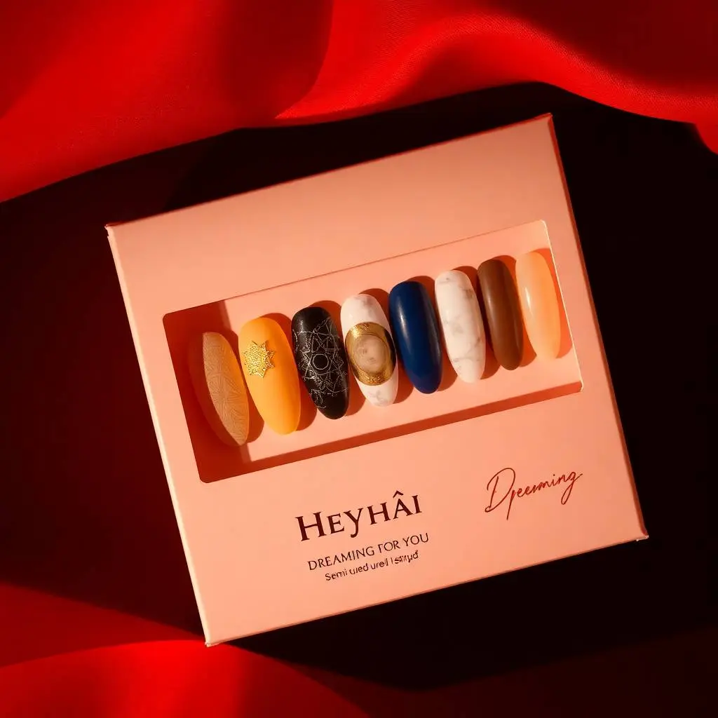 Dramatic lighting in warm reds, oranges, and yellows. High contrast flat lay of semi-cured gel nail strips in a beige and peach 'Heyhae – Dreaming of You' box. Celestial designs in gold, deep blue, marble white, an.webp