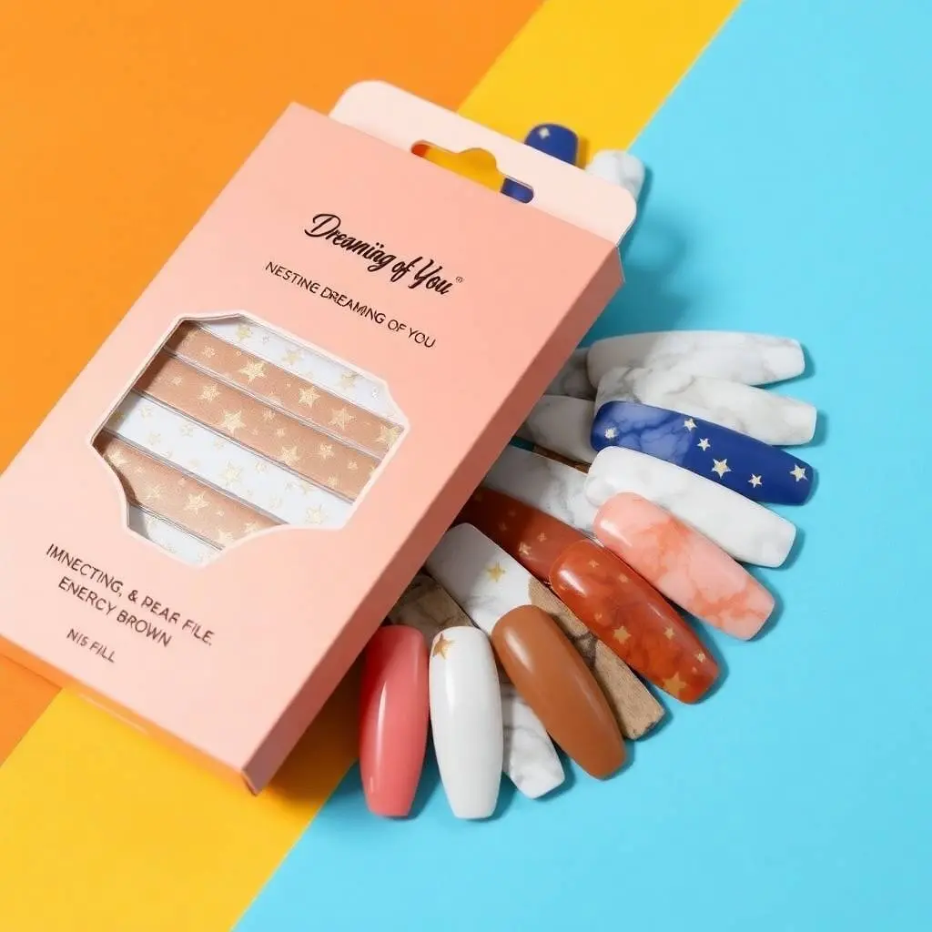 Bright, vibrant colors dominate a low-angle flat-lay of Heyhae Dreaming of You nail strips. The beige and peach box displays celestial designs golden stars, deep blue, marble white, and earthy brown tones.  A mini .webp