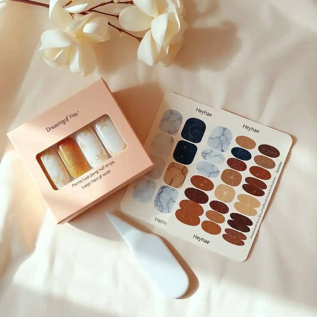 Soft, dreamy atmosphere. Flat lay of semi-cured gel nail strips in a beige and peach box labeled 'Heyhae – Dreaming of You'. Celestial designs in gold, deep blue, marble white, and brown.  Nail strips, file, pad, a.webp