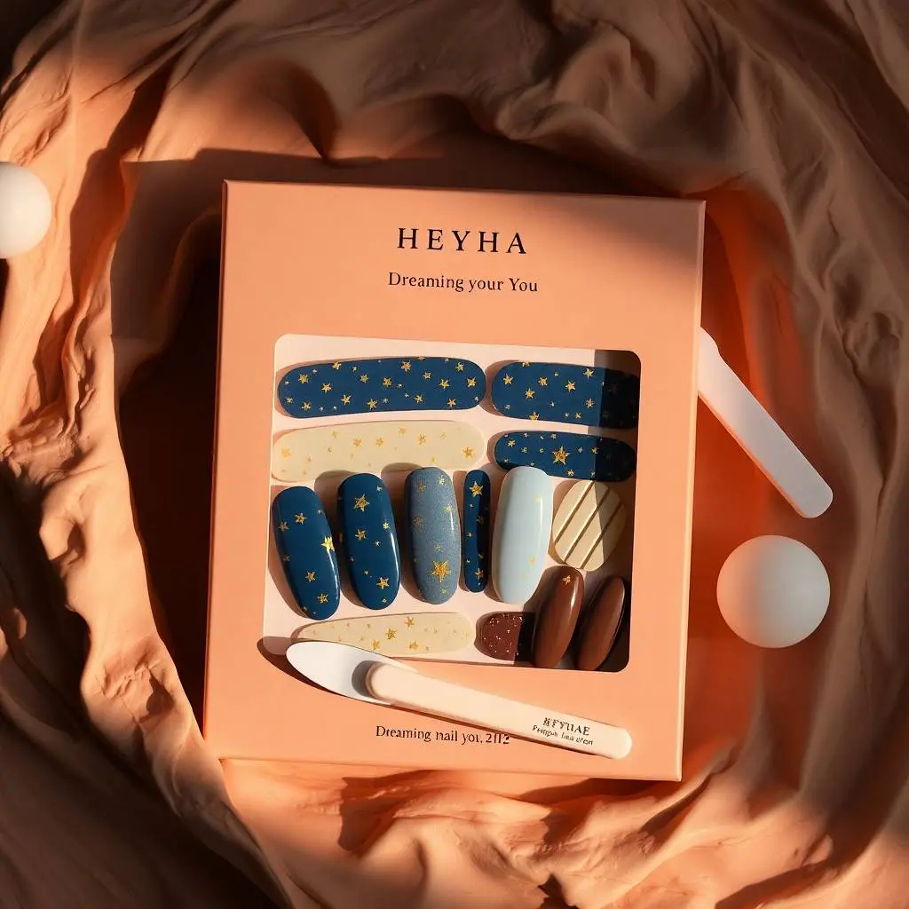 Dramatic, cinematic flat-lay of a Heyhae Dreaming of You nail strip set. The beige and peach box displays celestial nail strips with gold stars, deep blue, white, and brown.  A nail file, prep pad, and stick are pr.webp
