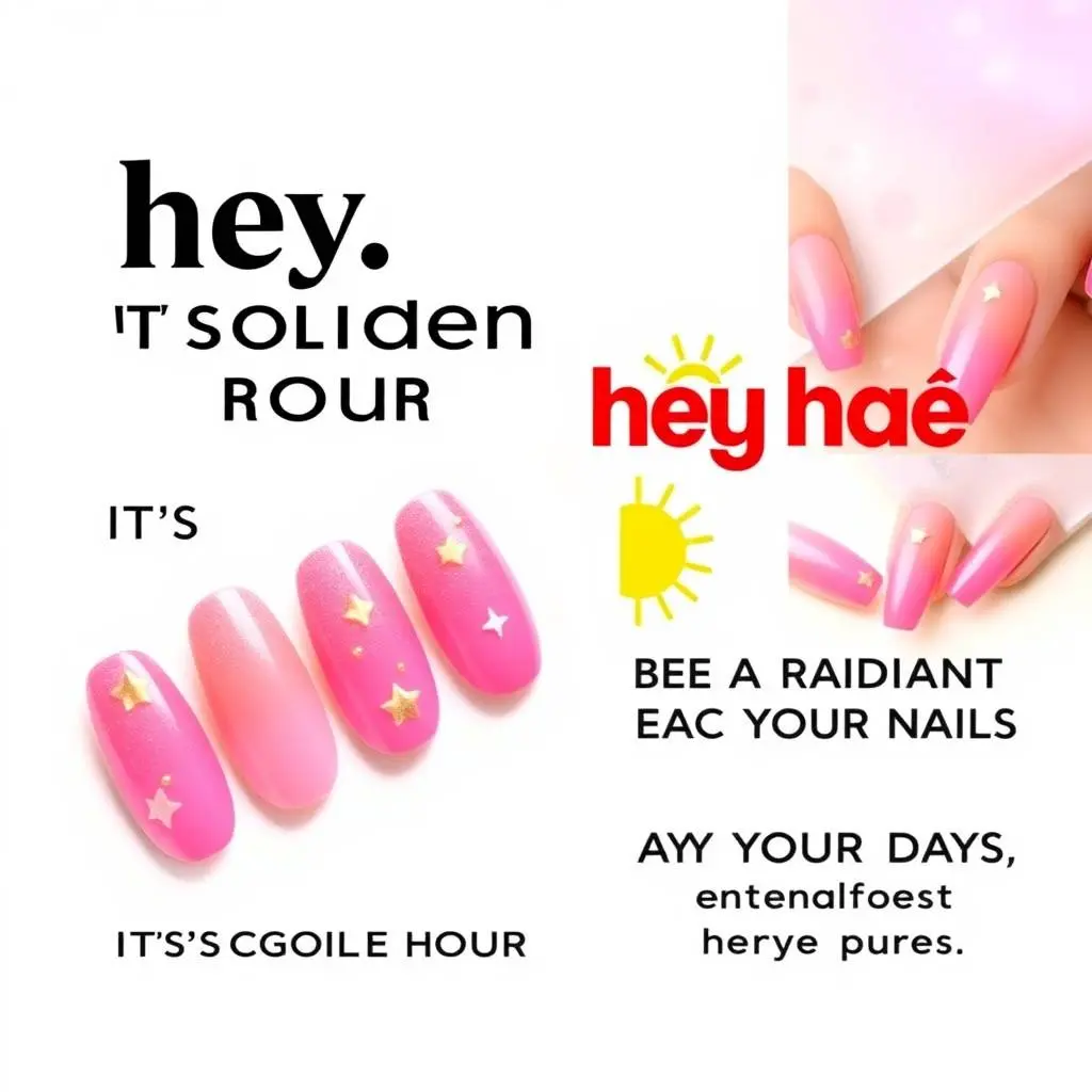 A digital advertisement, vertical layout, features five artificial nails with pink-to-gold gradient, star and line decorations. Bold black 'hey,' and smaller 'IT'S GOLDEN HOUR', large red 'heyhae' with yellow sunbu.webp