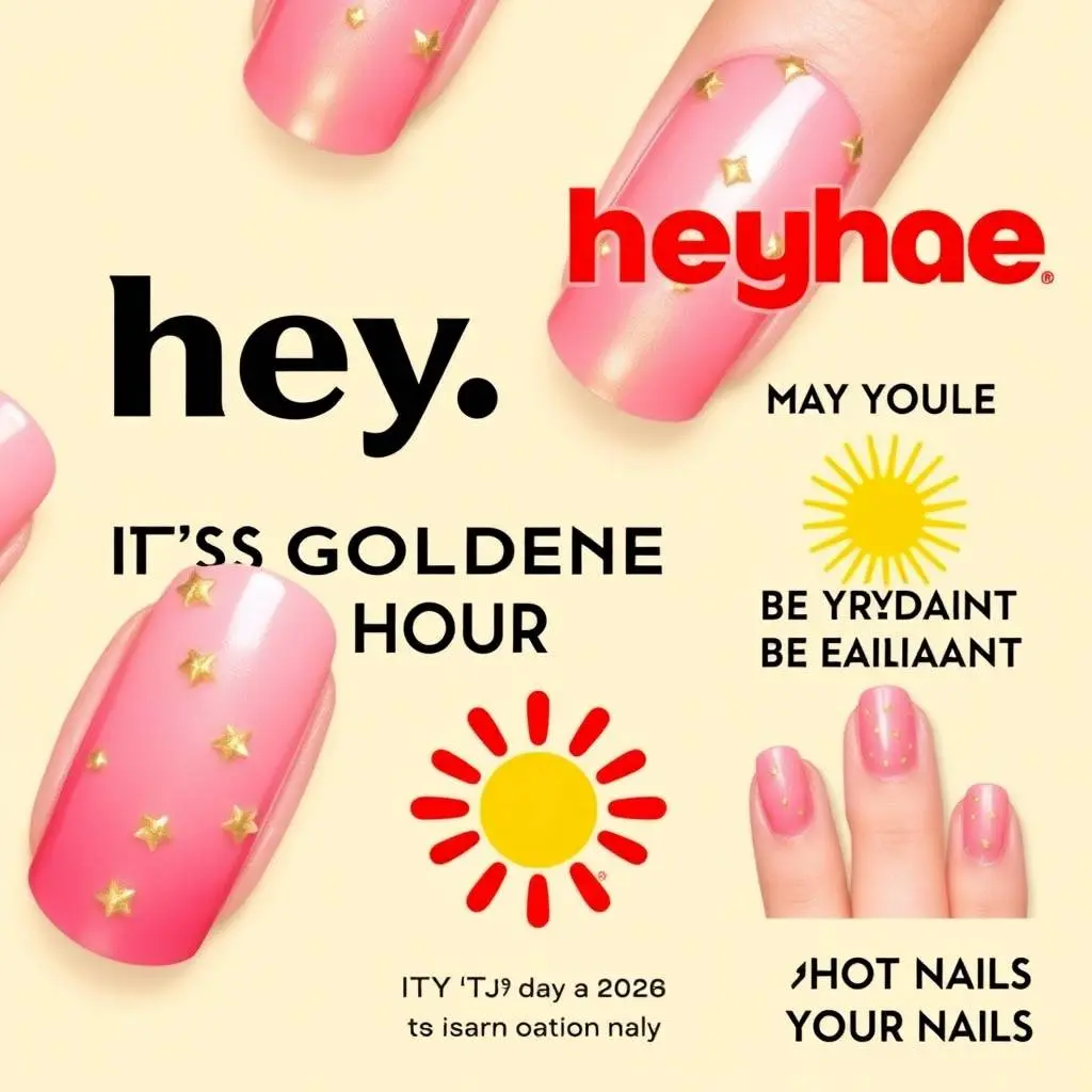 A digital advertisement, vertical layout, extreme macro close-up, features five artificial nails with pink-to-gold gradient, star and line decorations. Bold black 'hey,' and smaller 'IT'S GOLDEN HOUR', large red 'h.webp