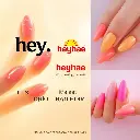 Digital advertisement featuring a soft dreamy atmosphere with five nails in pink-to-gold gradient, with star and line decorations.  Vertical layout with bold black 'hey,' and smaller 'IT'S GOLDEN HOUR' text. Large .webp