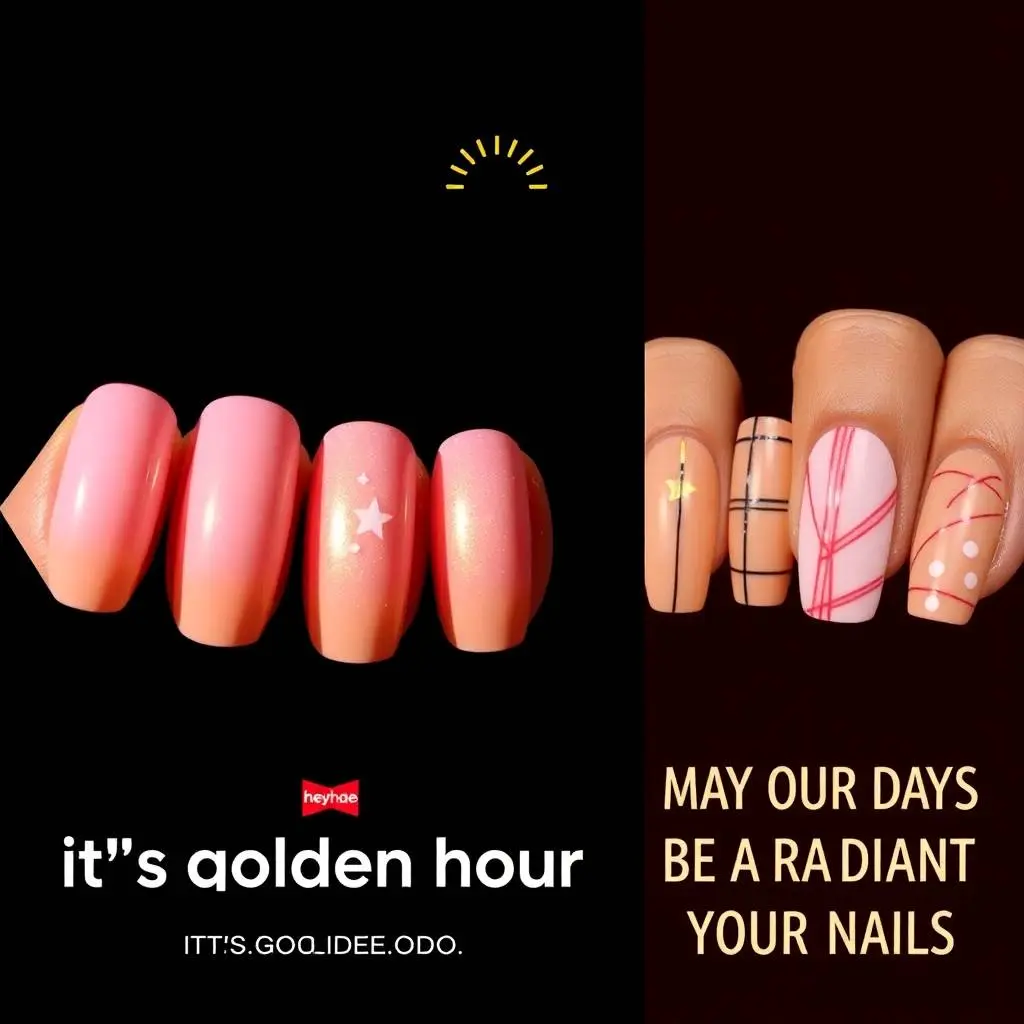 Digital advertisement showcasing five nails with a smooth pink-to-gold gradient, star, and line details. High contrast, dramatic lighting.  Bold black 'hey,' and smaller 'IT'S GOLDEN HOUR'.  Large red 'heyhae' logo.webp