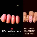 Digital advertisement showcasing five nails with a smooth pink-to-gold gradient, star, and line details. High contrast, dramatic lighting.  Bold black 'hey,' and smaller 'IT'S GOLDEN HOUR'.  Large red 'heyhae' logo.webp