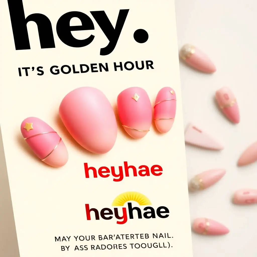 High-angle view of a digital advertisement depicting five sculpted clay nails with pink-to-gold gradient, star, and line accents.  Bold black 'hey,' and smaller 'IT'S GOLDEN HOUR' text above.  Large red 'heyhae' lo.webp