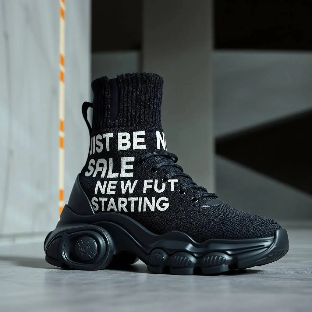 Precise architectural color photography showcases a futuristic black high-top sneaker with ribbed knit texture, thick rubber sole, and bold white and red typography 'JUST BE NICE GAME IS RESETTED FOR NEW FUTURE STA.webp