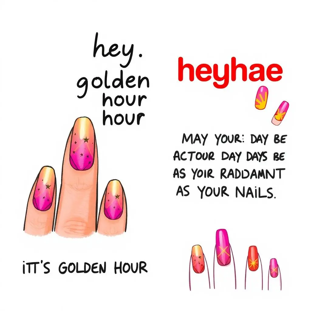 Hand-drawn sketch digital advertisement showing vibrant pink-to-gold gradient nails with star and line decorations.  'hey,' in bold black, 'IT'S GOLDEN HOUR' in smaller black font above nails. Large red 'heyhae' lo.webp