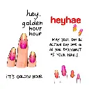Hand-drawn sketch digital advertisement showing vibrant pink-to-gold gradient nails with star and line decorations.  'hey,' in bold black, 'IT'S GOLDEN HOUR' in smaller black font above nails. Large red 'heyhae' lo.webp