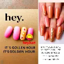 Digital advertisement showing five nails with a pink-to-gold gradient, star, and line decorations. Cast bronze surface. 'hey,' in bold black font, 'IT'S GOLDEN HOUR' below in smaller black.  Large red 'heyhae' logo.webp