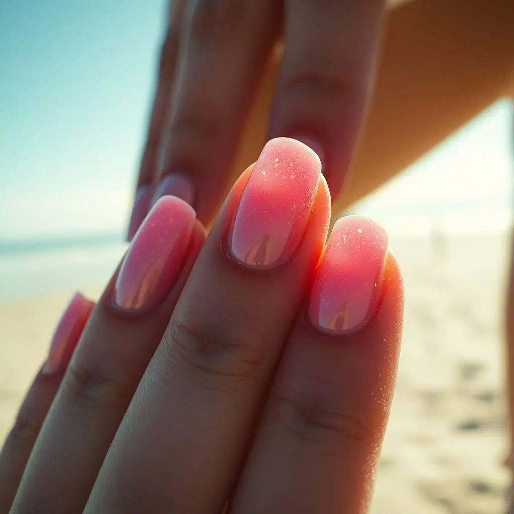 Dramatic cinematic style street photography Close-up of glazed donut chrome nails with soft pink shimmer, glowing in sunlight on a beach. Film-like composition, urban scene, spontaneous moment.webp