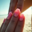 Dramatic cinematic style street photography Close-up of glazed donut chrome nails with soft pink shimmer, glowing in sunlight on a beach. Film-like composition, urban scene, spontaneous moment.webp