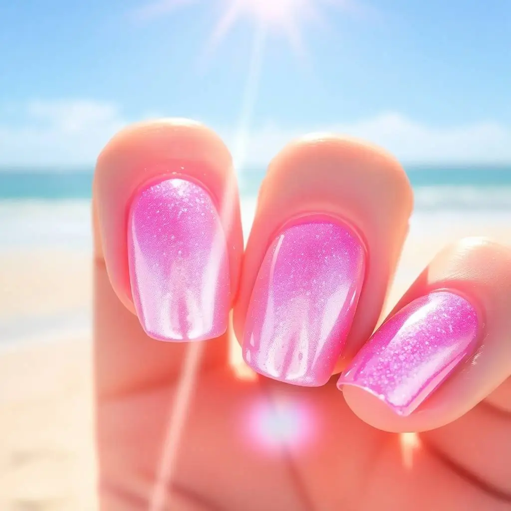 Delicate watercolor painting, bright lens flare, close-up of glazed donut chrome nails with soft pink shimmer glowing on a beach. Summer vibe, glossy, minimal, translucent washes, fluid brushstrokes, light streaks.webp