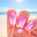Delicate watercolor painting, bright lens flare, close-up of glazed donut chrome nails with soft pink shimmer glowing on a beach. Summer vibe, glossy, minimal, translucent washes, fluid brushstrokes, light streaks.webp