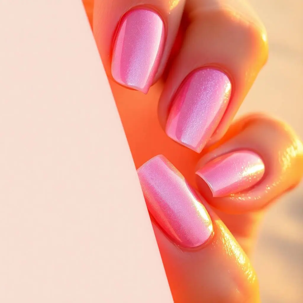Warm golden hour light, distinct split composition, close-up of glazed donut chrome nails with soft pink shimmer glowing on a beach. Summer vibe, glossy, minimal, divided sections, bold areas, soft light.webp