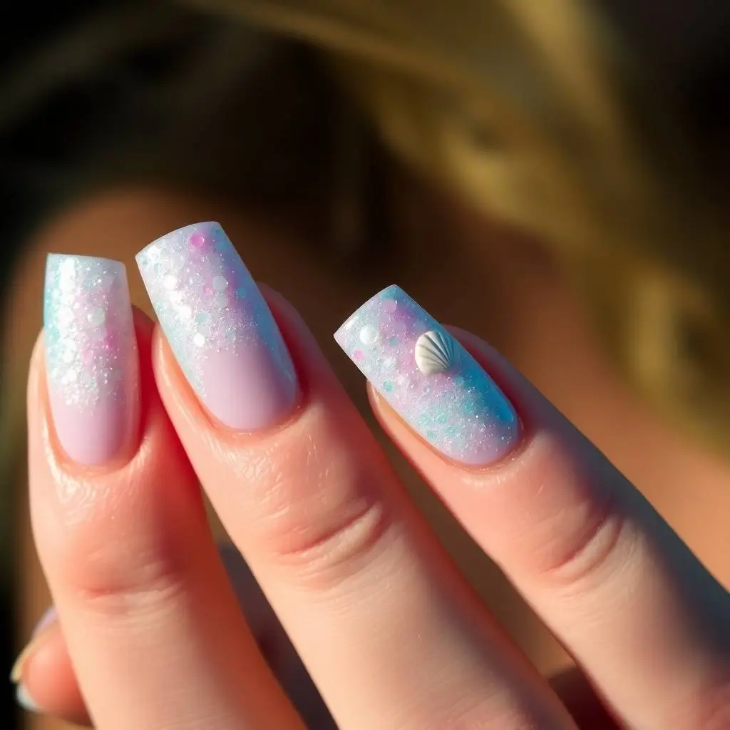 Intense dramatic lighting, dynamic motion, high contrast. Ocean-inspired mermaid nails with pearl shimmer, seashell charms, aqua and lilac glitter ombré. Tropical fantasy aesthetic, blurred lines, action poses, cre.webp