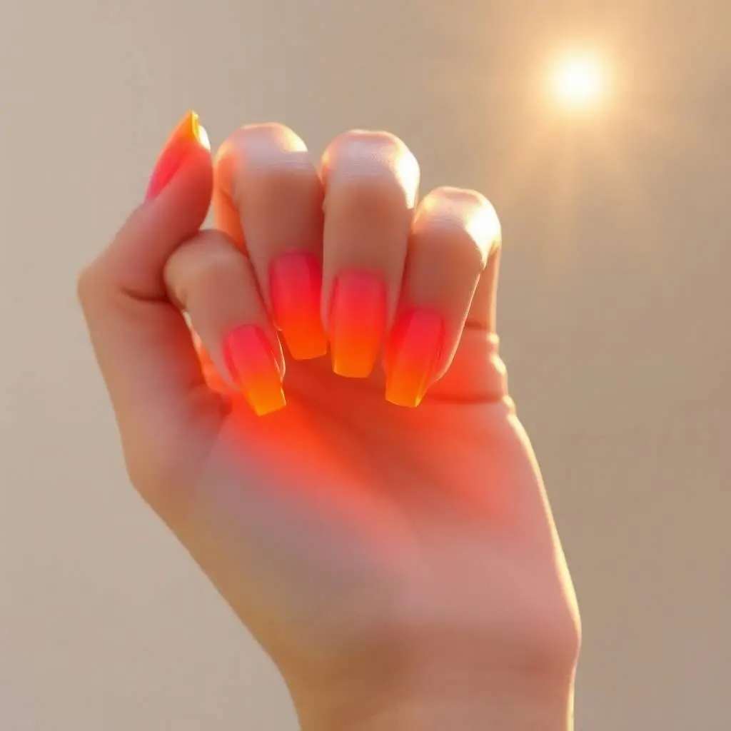 An ethereal illustration of a hand with sunset ombre gel nails transitioning from orange to pink, glowing under golden hour sunlight, using natural earth tones, browns, beiges, and muted colors, emitting a light au.webp