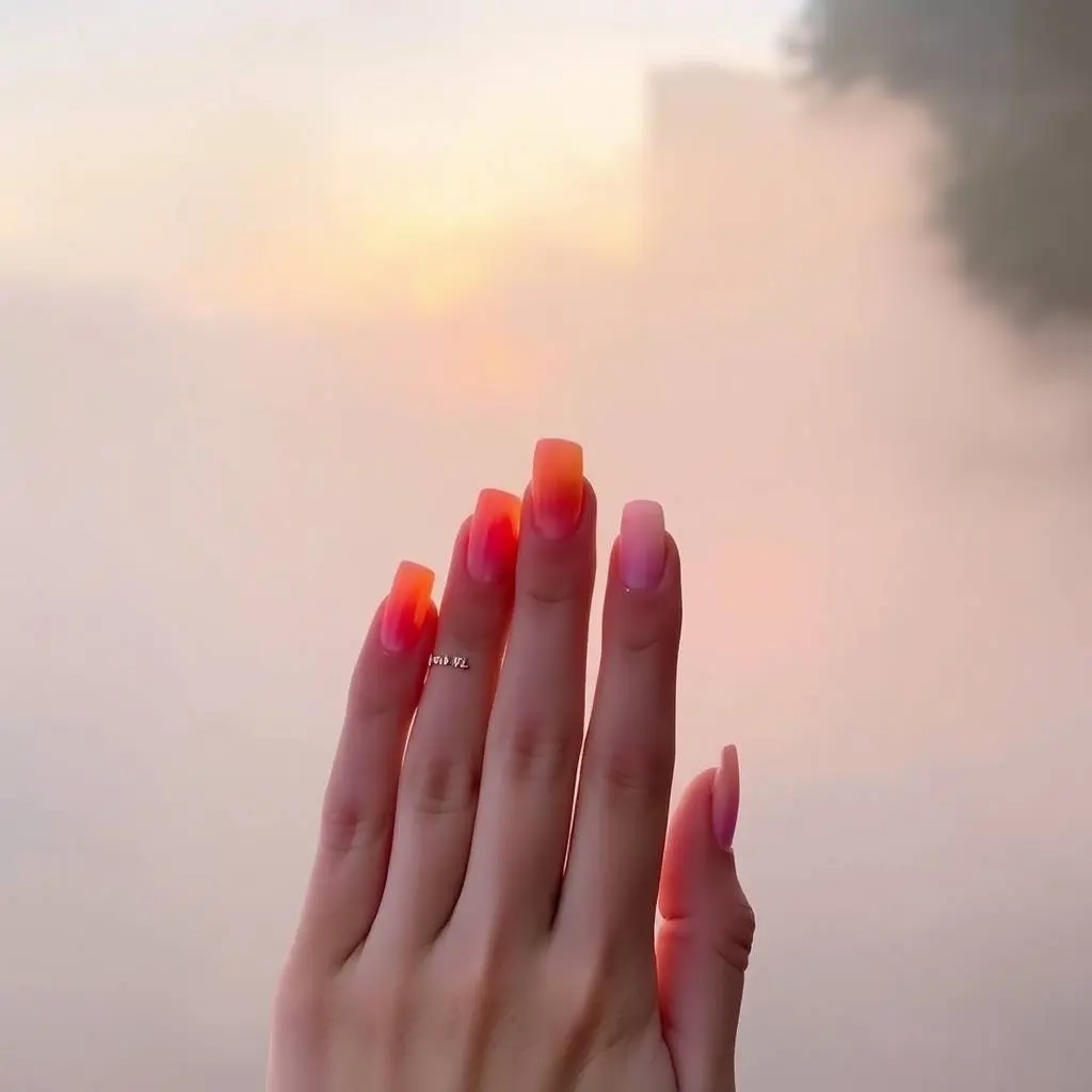Delicate watercolor painting of sunset ombre gel nails transitioning from orange to pink, glowing under golden hour sunlight, soft gradient, summer aesthetic hand pose, thick foggy surroundings, low visibility, tra.webp