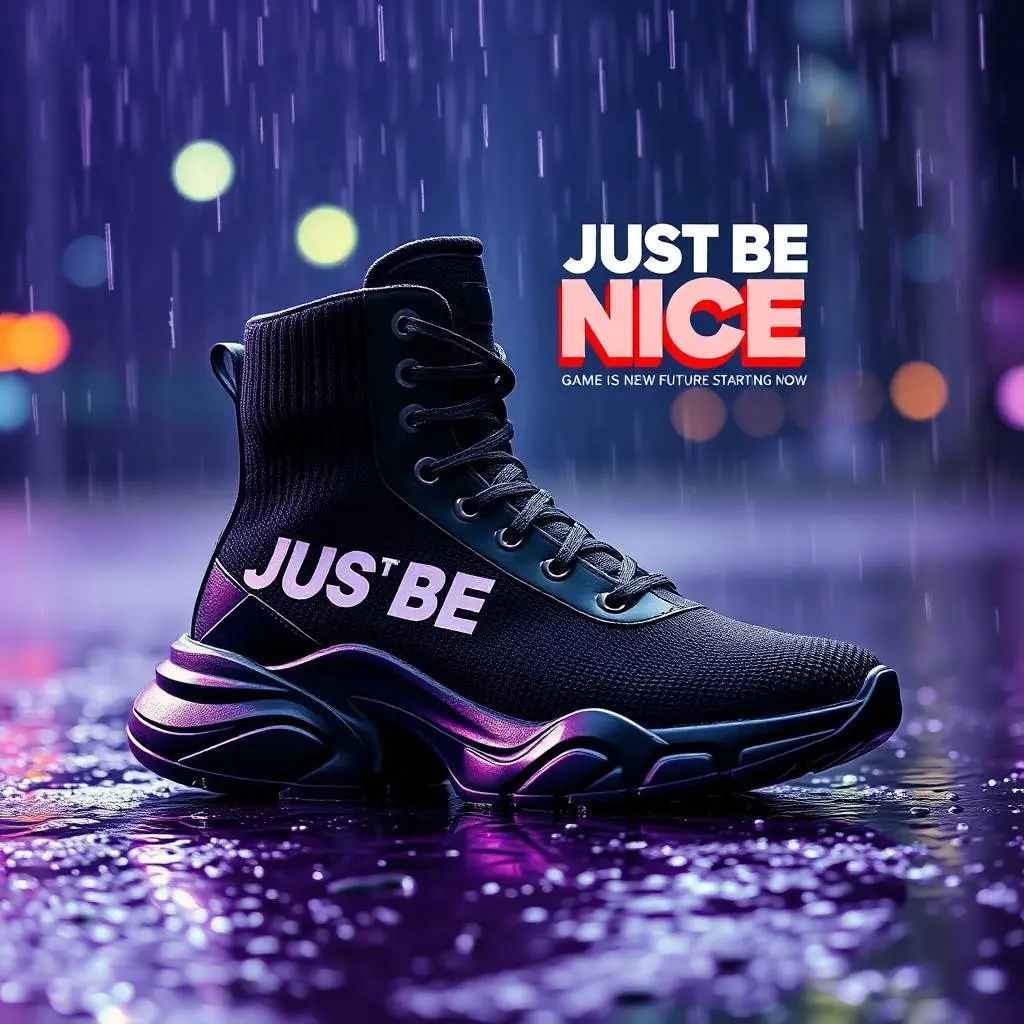 Wet rainy scene depicting a futuristic black high-top sneaker with ribbed knit texture, thick rubber sole, and bold white and red geometric typography 'JUST BE NICE GAME IS RESETTED FOR NEW FUTURE STARTING NOW'. Vi.webp