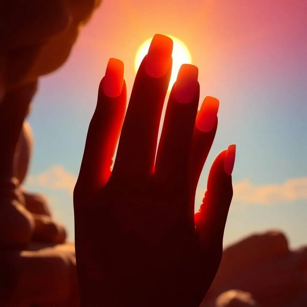 Sculptural clay art depicting a grand epic scene of sunset ombre gel nails transitioning from orange to pink, glowing under golden hour sunlight, soft gradient, summer aesthetic hand pose, massive scale, heroic ele.webp