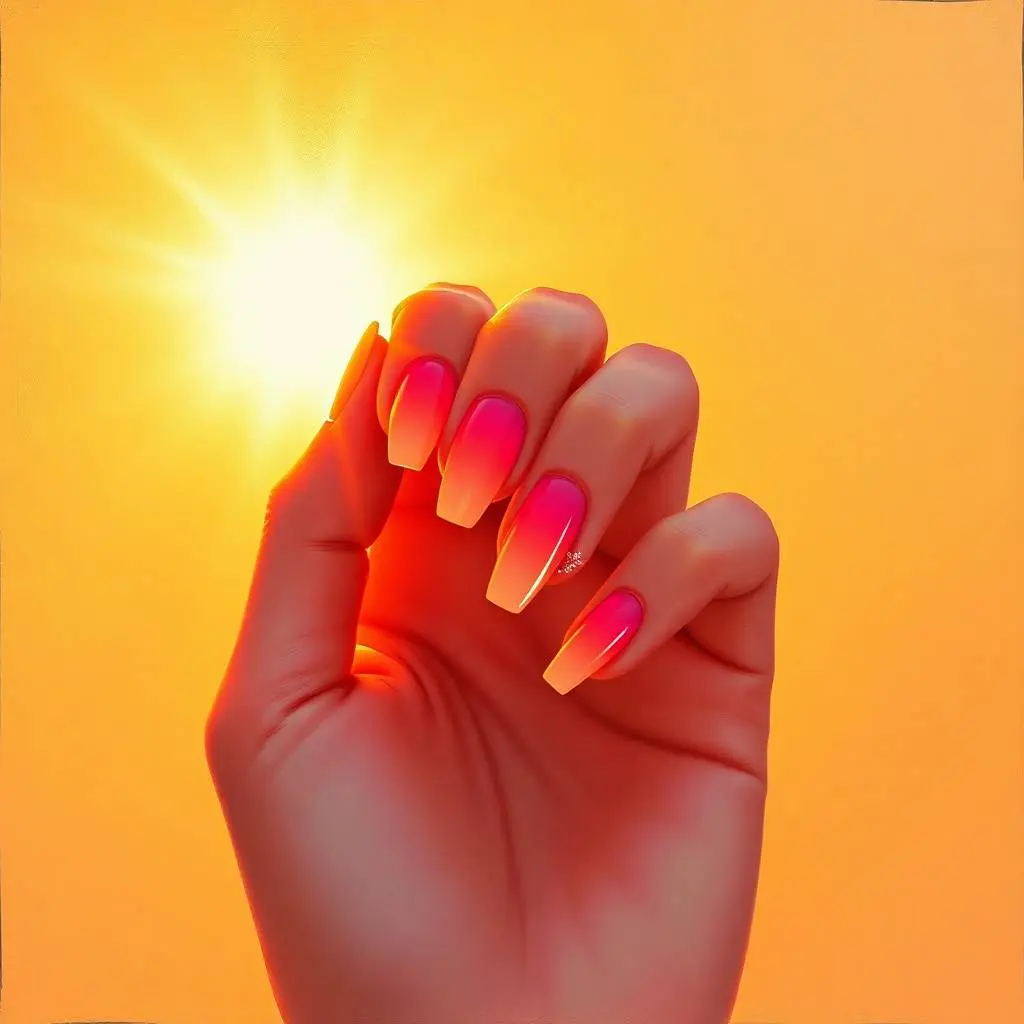 A painting of a hand with sunset ombre gel nails transitioning from orange to pink, glowing under golden hour sunlight. The nails show a soft gradient and summer aesthetic hand pose. The artwork uses intense dramat.webp