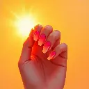 A painting of a hand with sunset ombre gel nails transitioning from orange to pink, glowing under golden hour sunlight. The nails show a soft gradient and summer aesthetic hand pose. The artwork uses intense dramat.webp