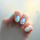 Cool complementary colors. Misty atmospheric rough dynamic digital sketch using loose painterly strokes depicting Minimal pastel French tip nails with daisy accents soft baby blue, lavender, mint on short almond na.webp