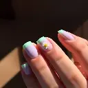 High contrast low key lighting, rich deep teal. Minimal pastel French tip nails with daisy accents soft baby blue, lavender, mint on short almond nails. Summer daylight background, luxurious, vibrant, deep shadows,.webp