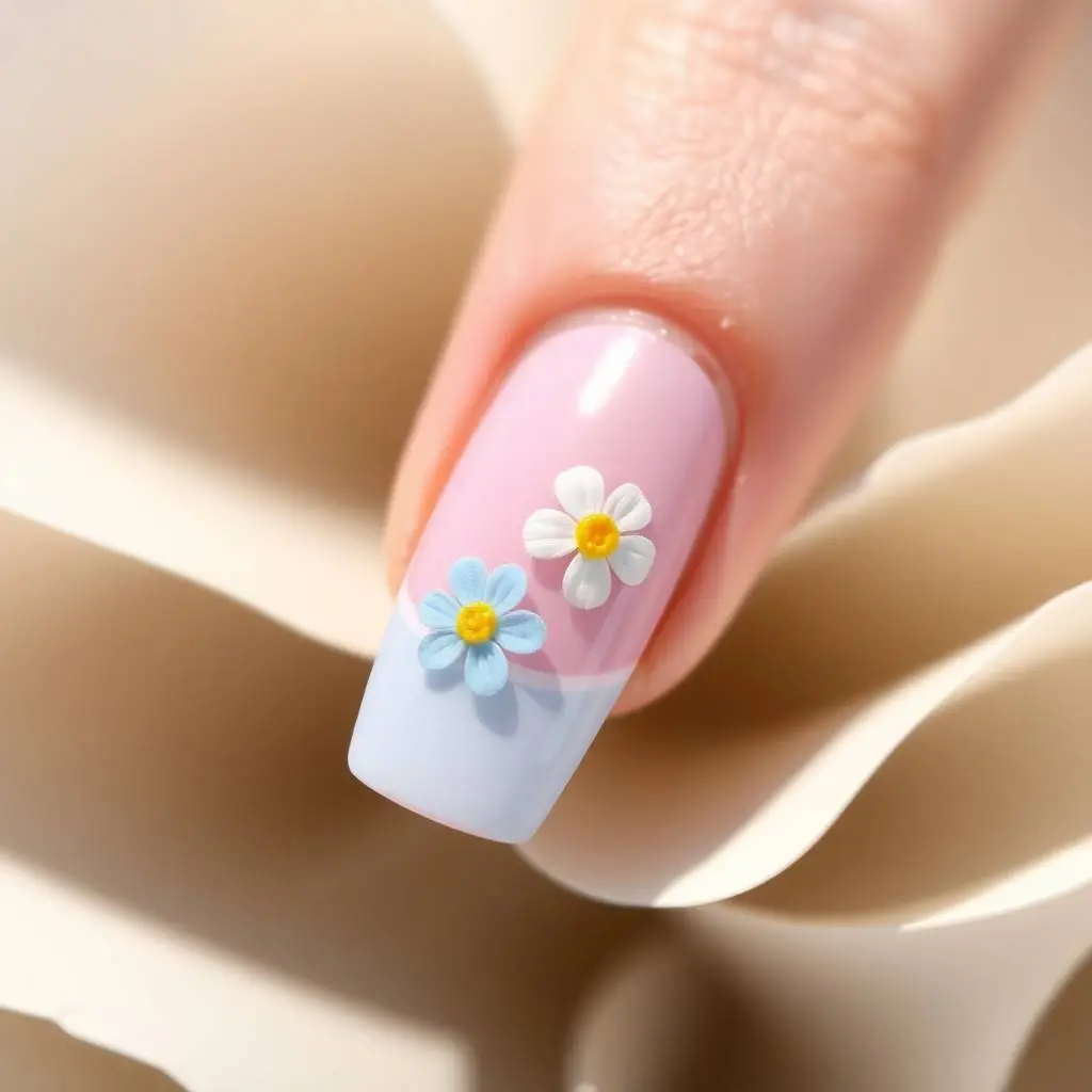 Extreme macro close-up of layered papier-mâché, showcasing Minimal pastel French tip nails with daisy accents soft baby blue, lavender, mint on short almond nails. Summer daylight background, sculpted texture, smal.webp