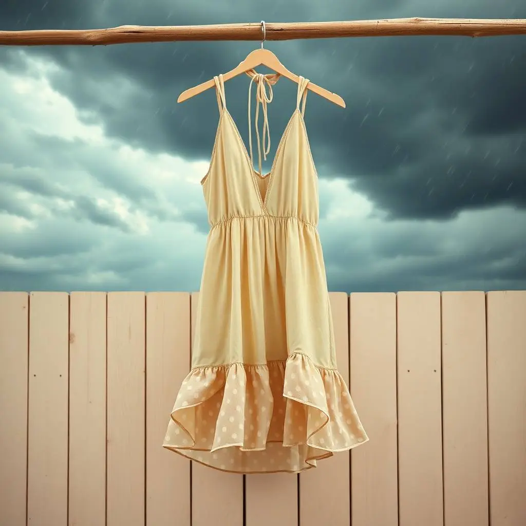 Dynamic motion in intense dramatic weather. A soft beige rayon, cotton, and sheer mesh halter mini dress with a deep V-neckline, tie-back straps, and ruffled polka-dot hem hangs on a rustic wood wall with coastal e.webp