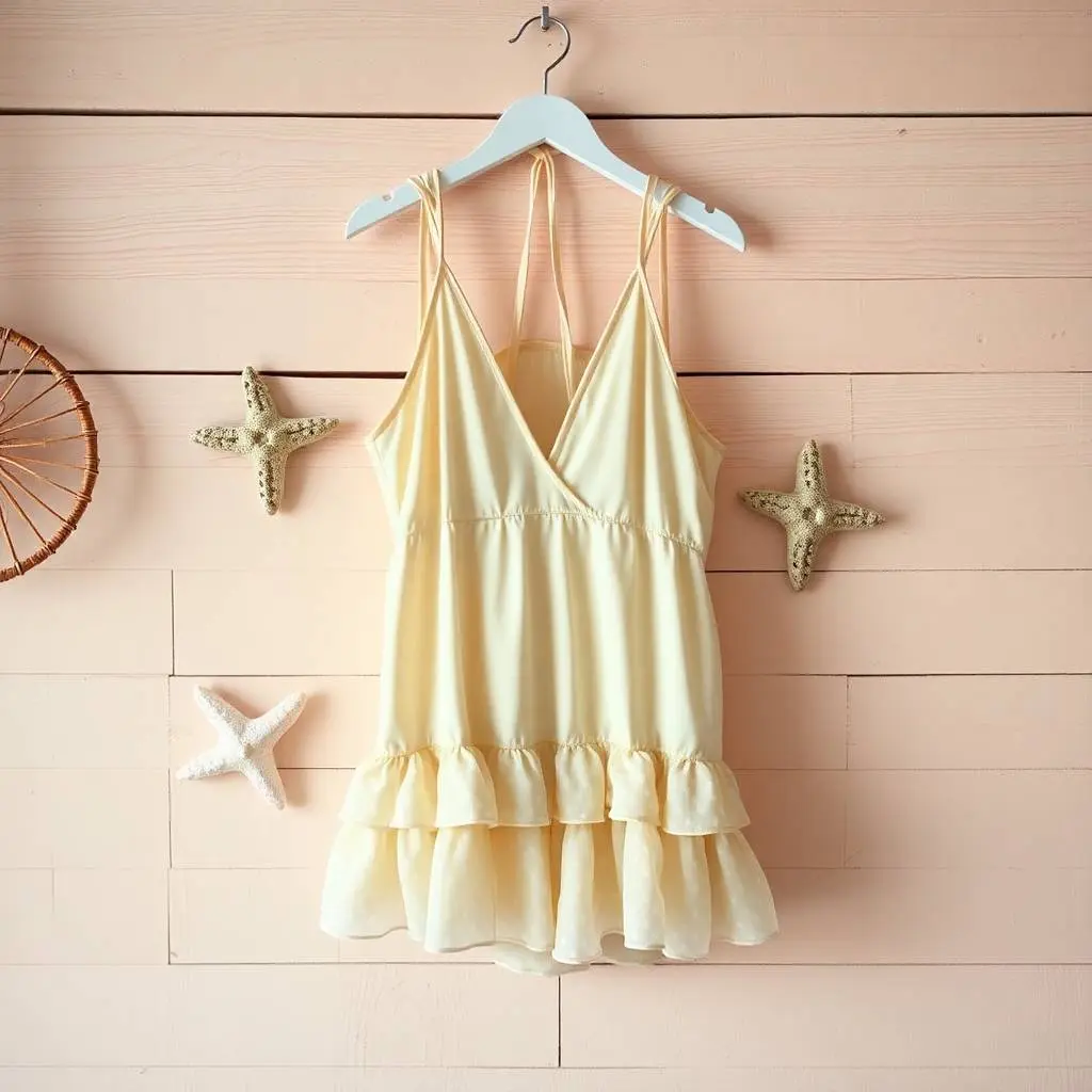 Gentle, soft light in surreal infrared tones. A soft beige rayon, cotton, and sheer mesh halter mini dress with a deep V-neckline, tie-back straps, and ruffled polka-dot hem hangs on a rustic wood wall with coastal.webp