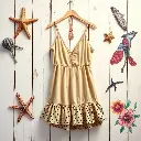 Symbolic traditional tattoo art print from a low-angle perspective. A soft beige rayon, cotton, and sheer mesh halter mini dress with a deep V-neckline, tie-back straps, and ruffled polka-dot hem hangs on a rustic .webp