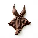 Dynamic in motion, sculptural clay art of a sleeveless, dark brown halter-neck mini dress on a plain white background. The dress features a plunging V-neckline, adjustable tie, layered ruffle tiers, and a stitched .webp