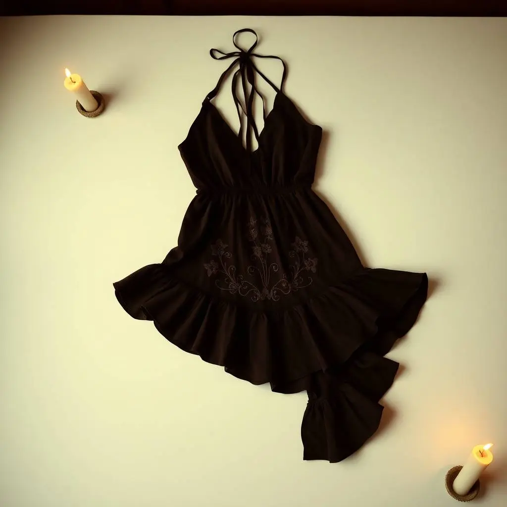 A sleeveless dark brown halter-neck mini dress, detailed with a plunging V-neckline, adjustable ties, layered ruffles, and an embroidered western floral pattern, rests on a plain white background. The asymmetrical .webp
