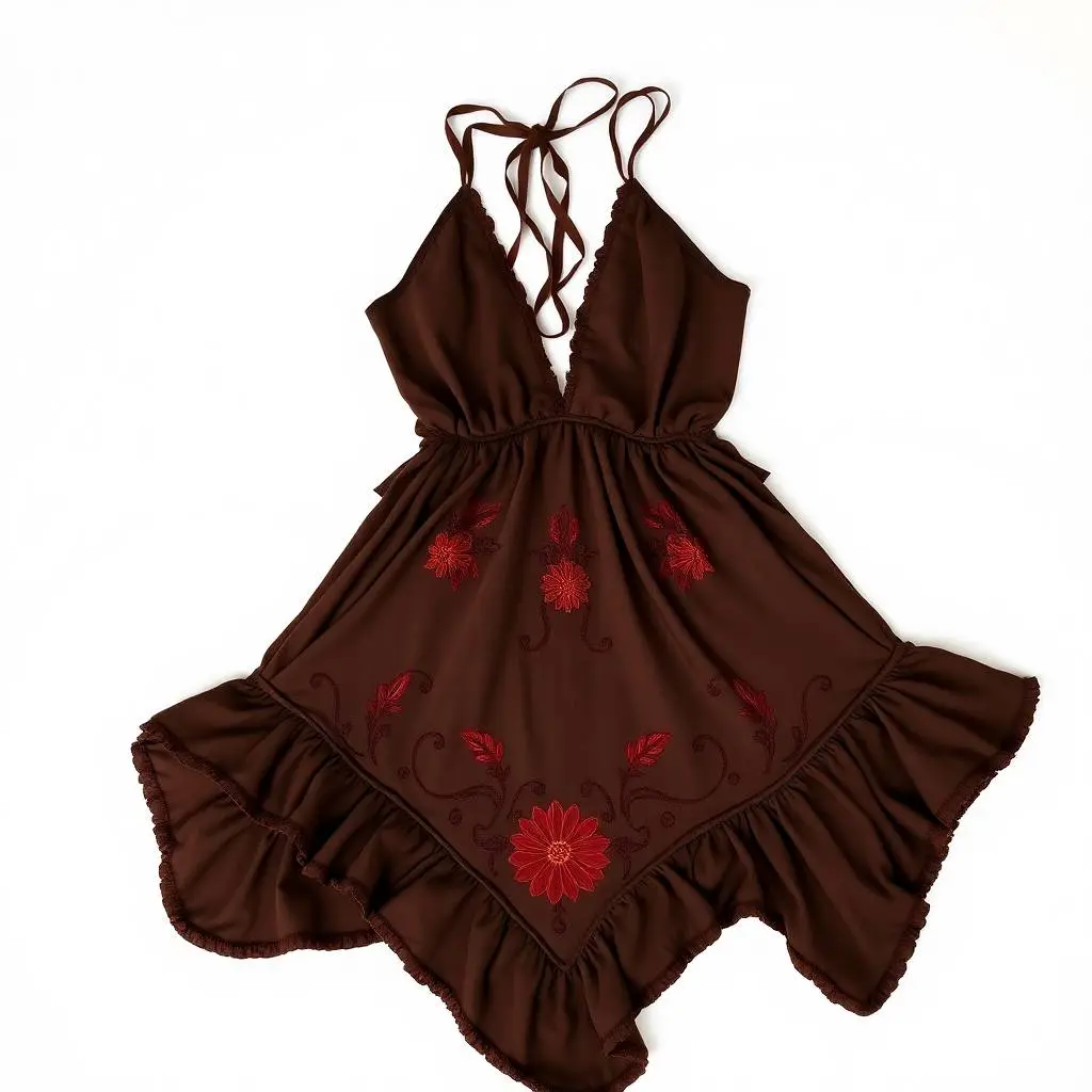 High-angle perspective captures a sleeveless dark brown halter-neck mini dress on a white background. The dress features a plunging V-neckline, adjustable ties, layered ruffles, and an embroidered western floral pa.webp