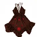 High-angle perspective captures a sleeveless dark brown halter-neck mini dress on a white background. The dress features a plunging V-neckline, adjustable ties, layered ruffles, and an embroidered western floral pa.webp