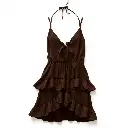 Moody style depiction of a sleeveless, dark brown halter-neck mini dress on a plain white background.  The dress features a plunging V-neckline, adjustable tie, layered ruffle tiers, and a stitched western-style fl.webp