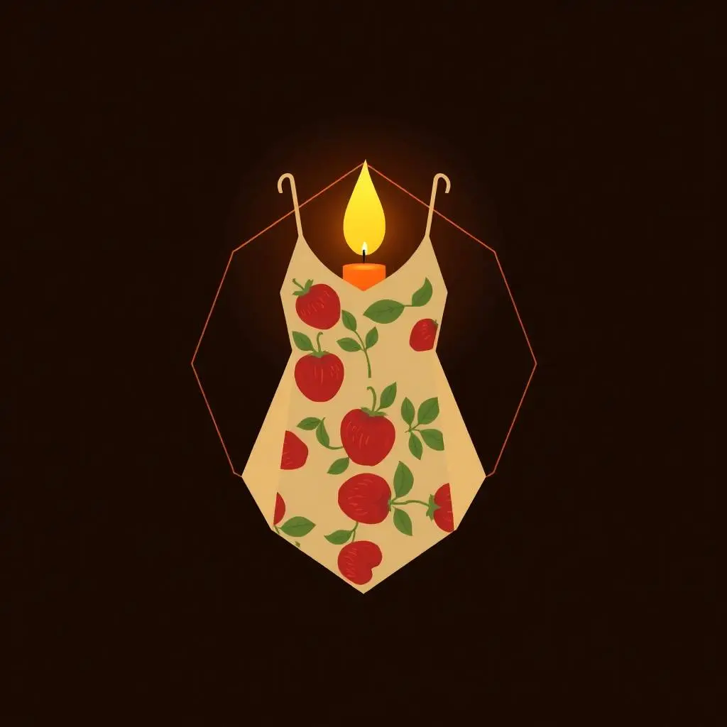 A warm, candlelit logo featuring a geometric design inspired by a sleeveless ivory spaghetti strap sundress with a red strawberry and green leafy floral print. The logo uses clean lines, symmetry, and balance, with.webp